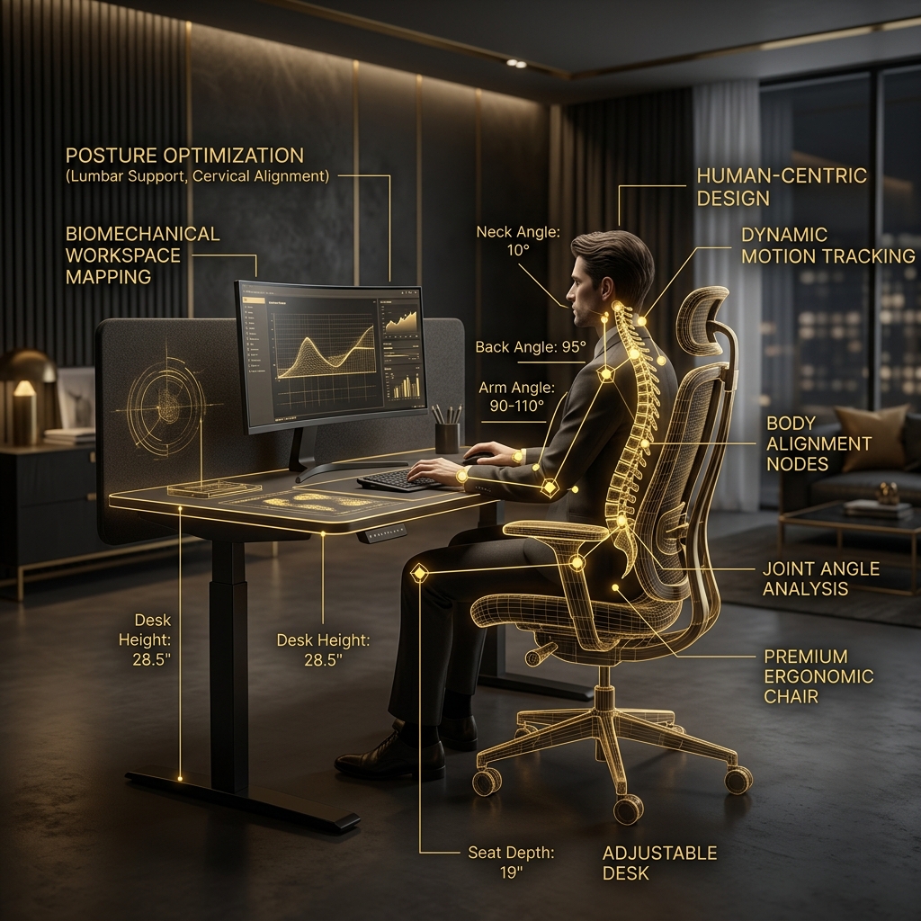 Ergonomics Intelligence - professional ergonomics consulting showing wireframe spinal alignment analysis